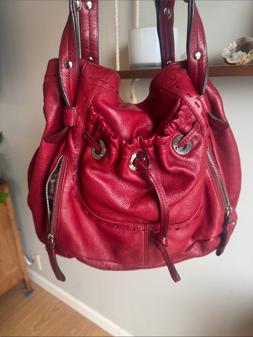 b. makowsky Red Pebbled Leather Drawstring Shoulder Bag